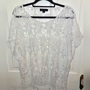 Atomsphere‎ Size XL White Floral Applique Fringe Sheer Top Blouse Festival Boho